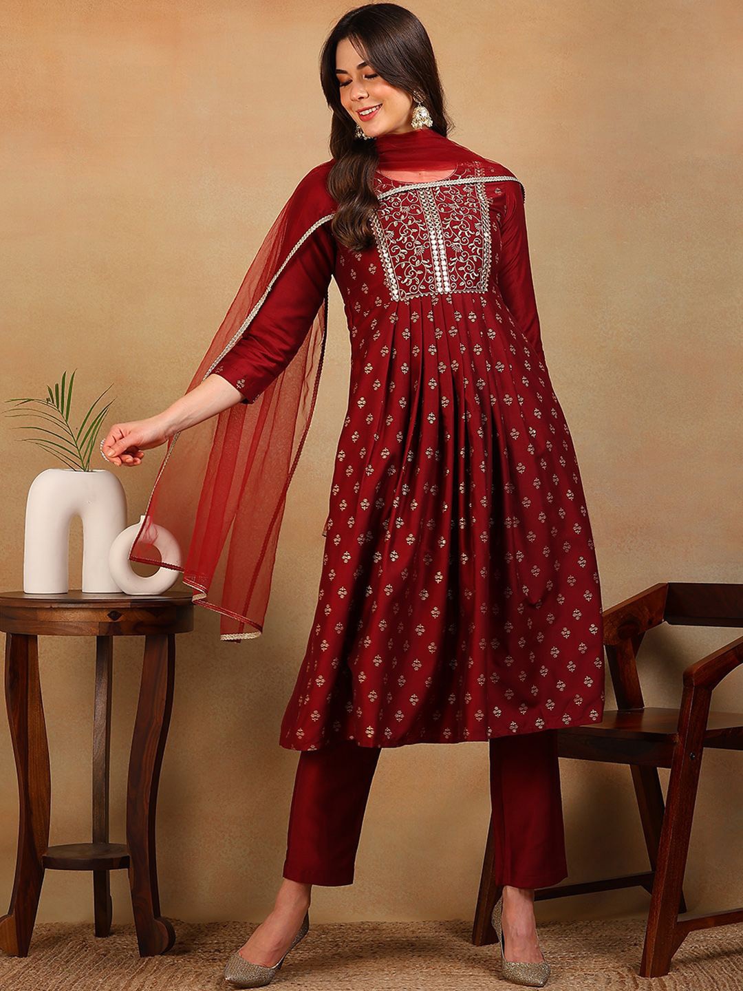 

Anouk Floral Woven Design Mirror Work A-Line Kurta With Trousers & Dupatta, Maroon