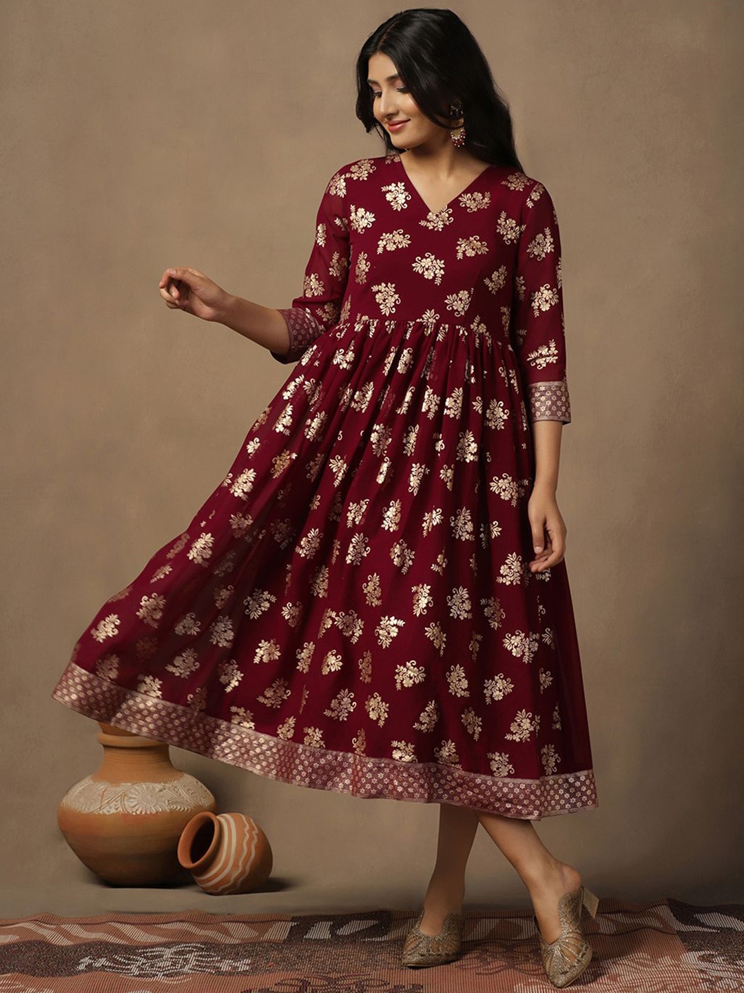 

FASHION DREAM Ethnic Motifs Printed A-Line Midi Ethnic Dress, Maroon