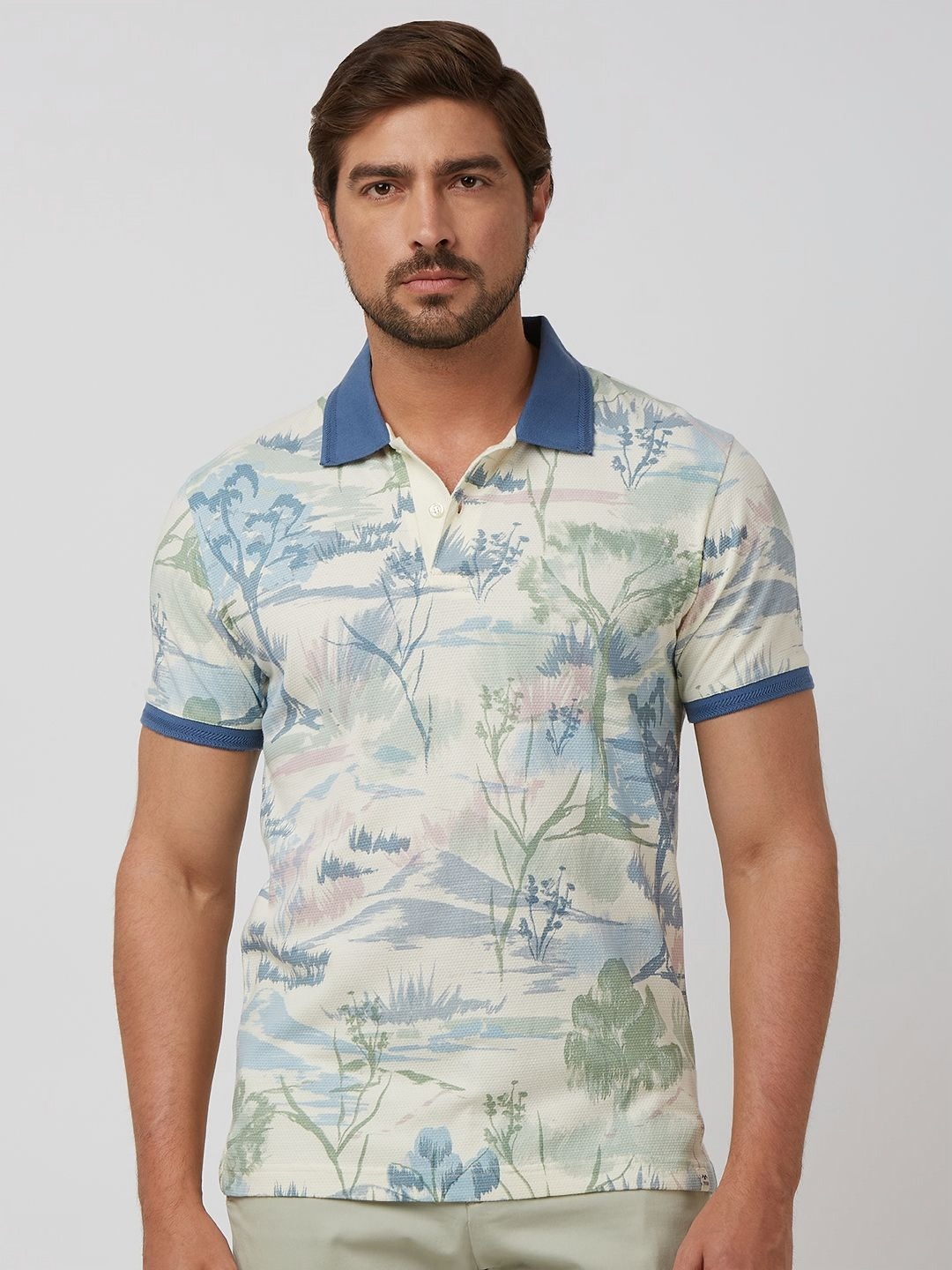 

Mufti Men Floral Printed Polo Collar Cotton Slim Fit T-shirt, Off white