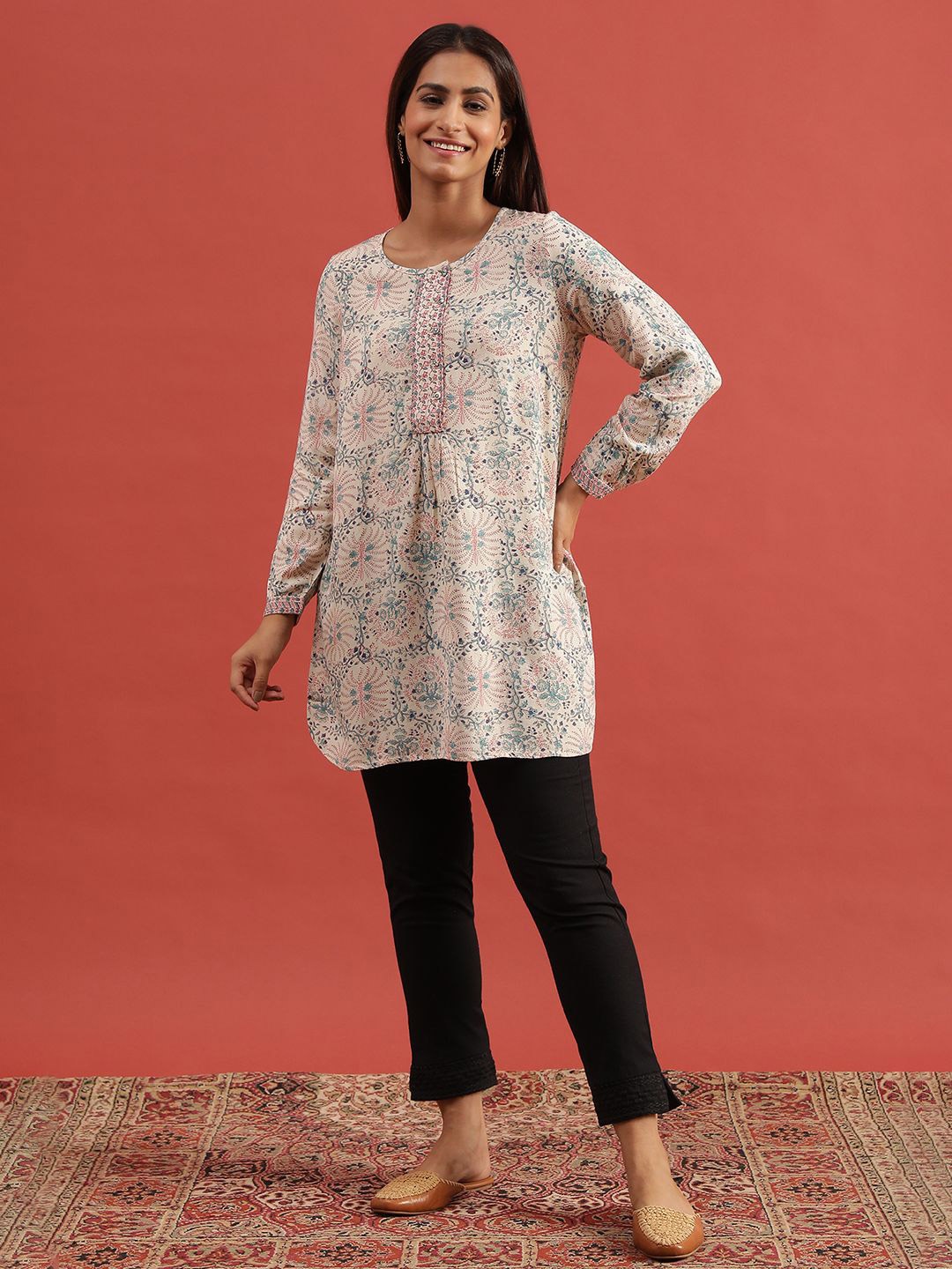 

W Print Flared Sleeve Top, White