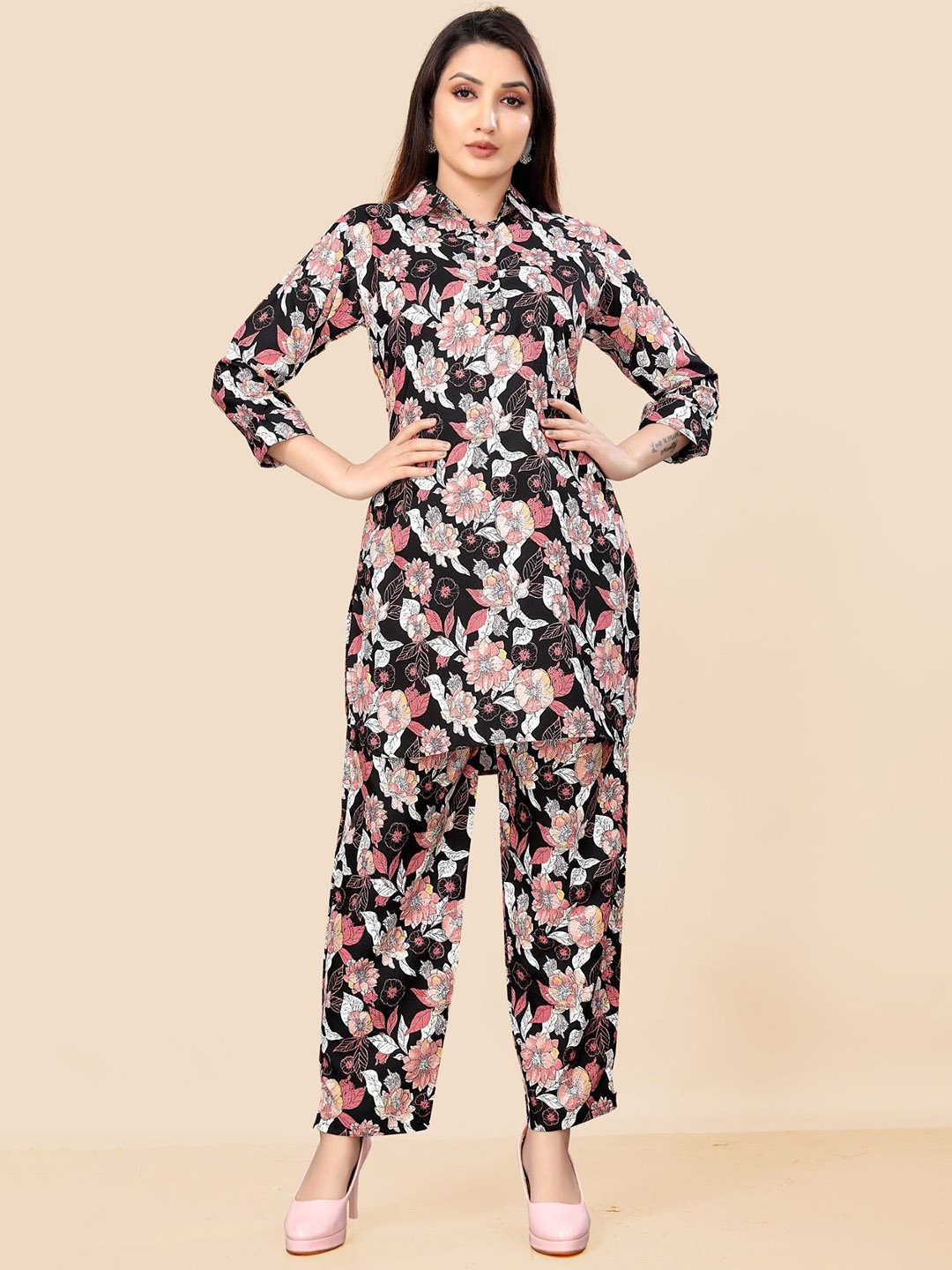 

LeeliPeeri Designer Floral Printed Shirt Collar Tunic With Palazzo, Black