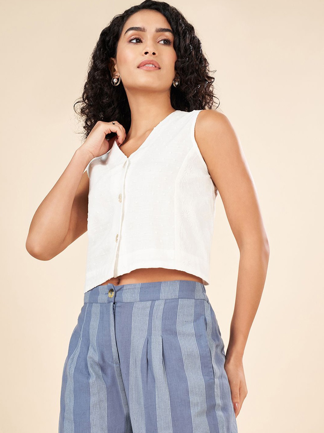 

AKKRITI BY PANTALOONS Cotton Crop Top, Off white