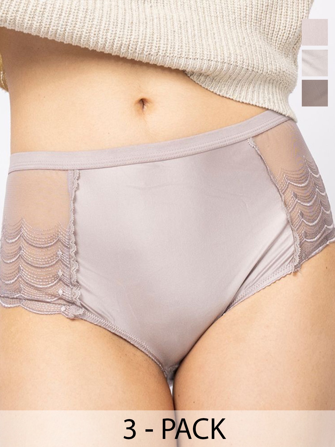 

EROTISSCH Pack Of 3 Women Self-Designed Comfort-Fit Hipster Briefs, Grey
