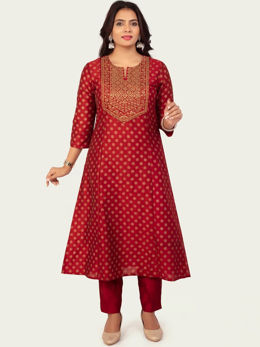 

COTTON CULTURE Floral Printed Sequinned Cotton Silk A-Line Kurta With Churidar, Maroon
