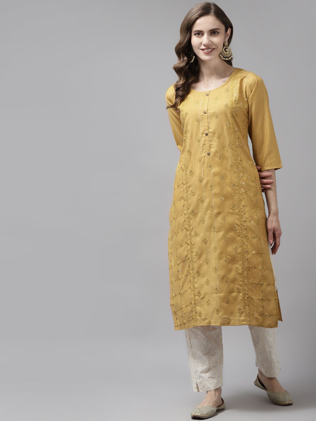 

BAESD Ethnic Motifs Embroidered Round Neck Sequinned Cotton Straight Kurta, Yellow