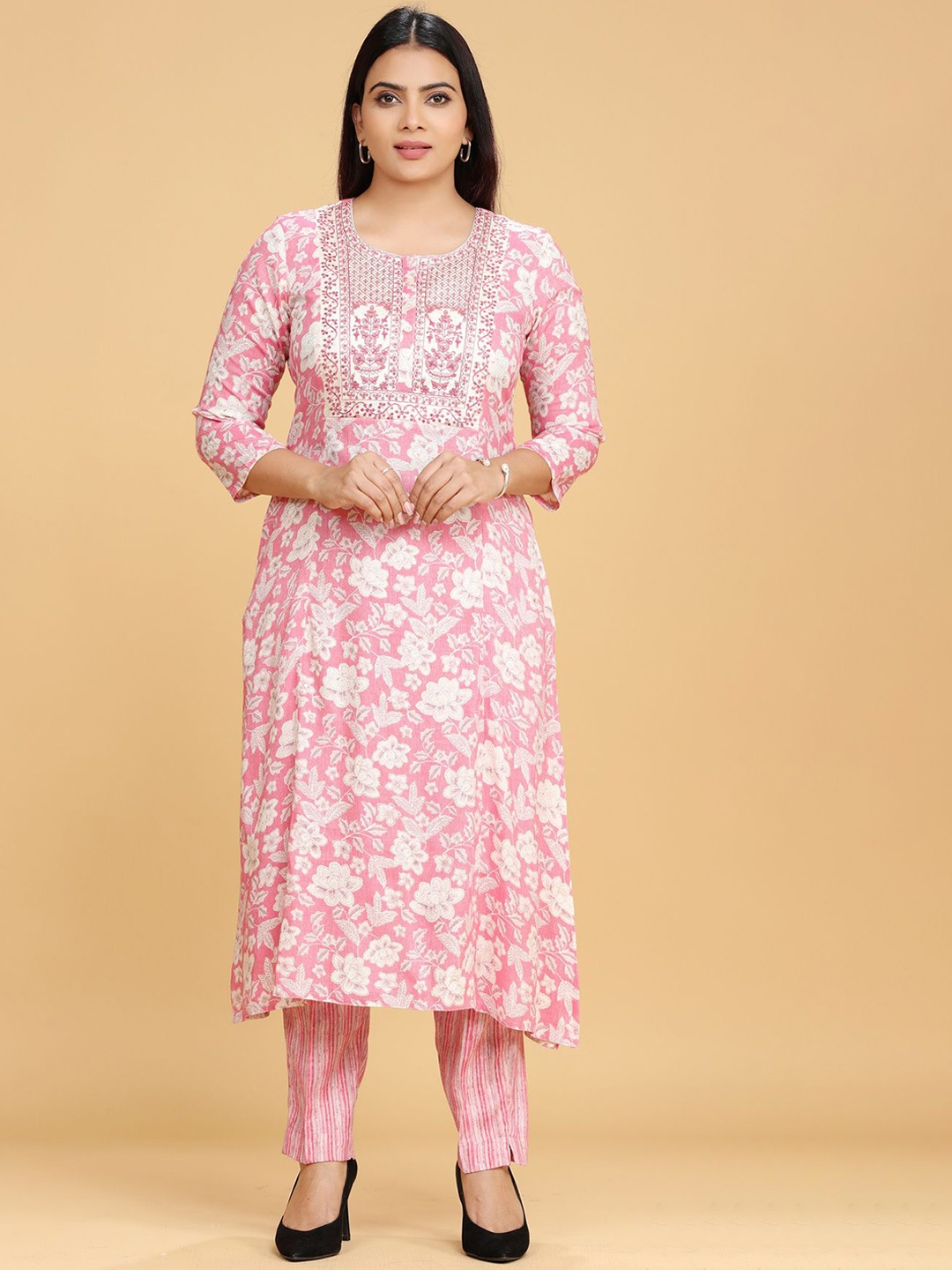 

COTTON CULTURE Floral Printed Thread Work A-Line Kurta With Trouser, Pink