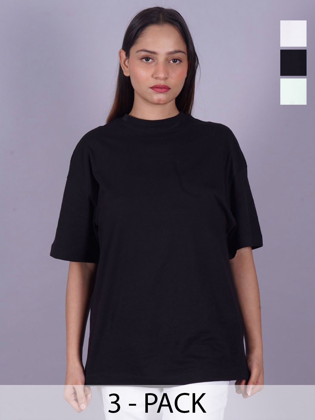 

VYVE Women Pack Of 3 Round Neck Solid T-shirt, Black