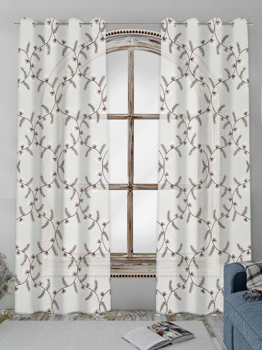 

Tesmare Premium White & Brown Embroidered Sheer Window Curtain