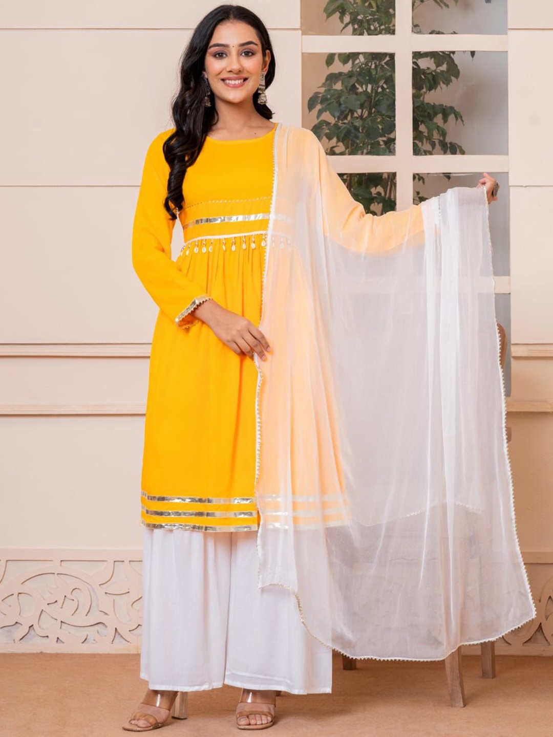 

SHOOLIN Gotta Patti Anarkali Kurta With Sharara & Dupatta, Yellow