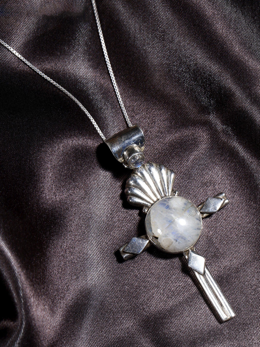 

Exotic India Round Cut Rainbow Moonstone Sterling Silver Cross Pendant