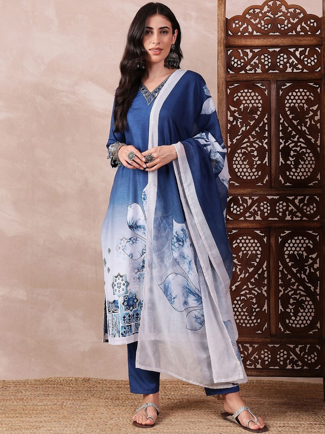 

KALINI Floral Printed V-Neck Sequinned Straight Kurta With Trouser And Dupatta, Blue