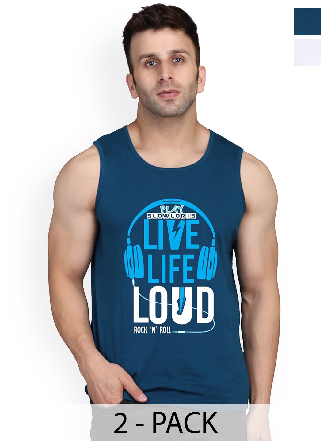 

SLOWLORIS Men Pack Of 2 Printed Innerwear Vests, Teal