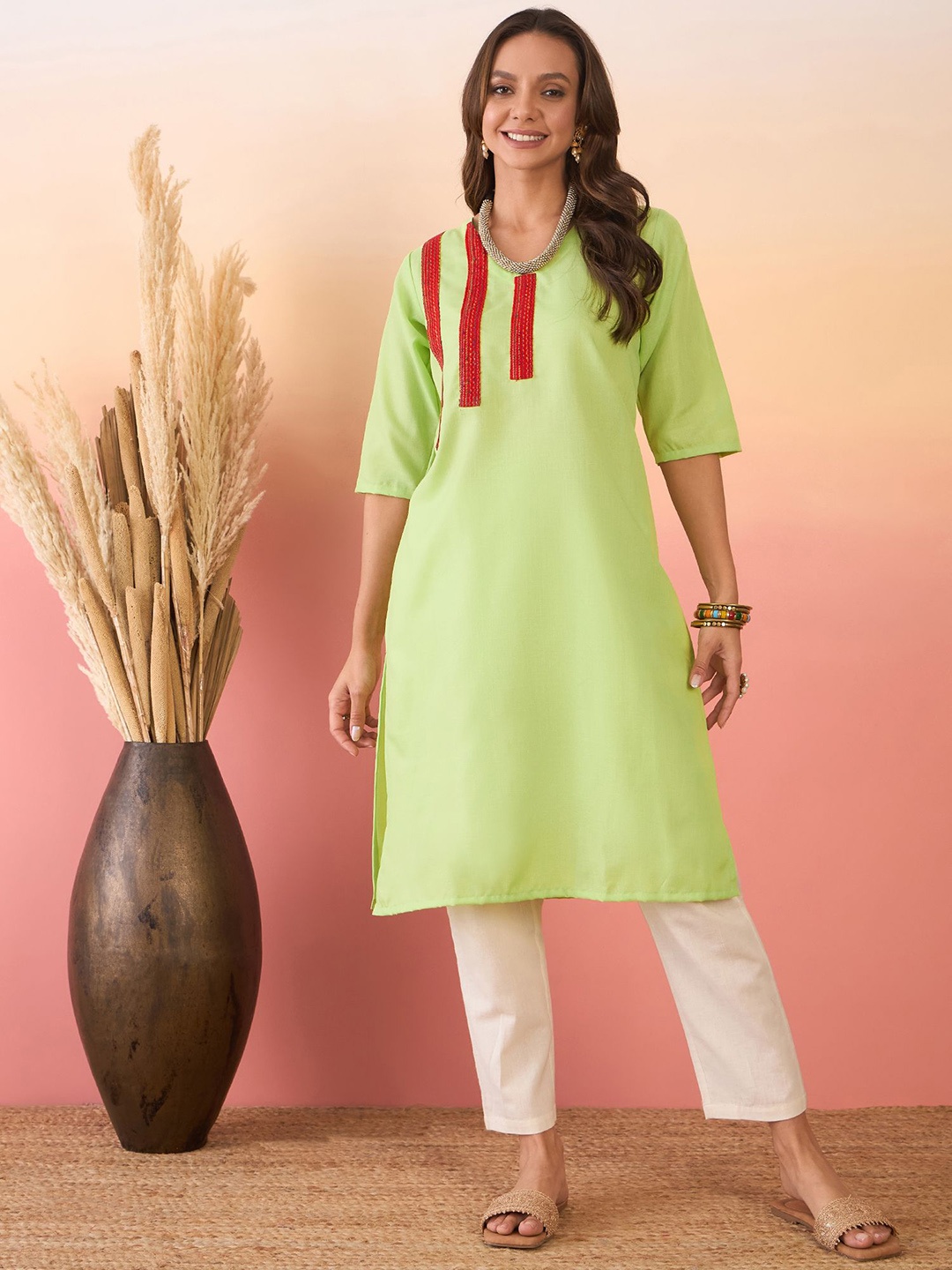 

Sangria Lime Green Geometric Yoke Design Thread Work Linen Straight Kurta