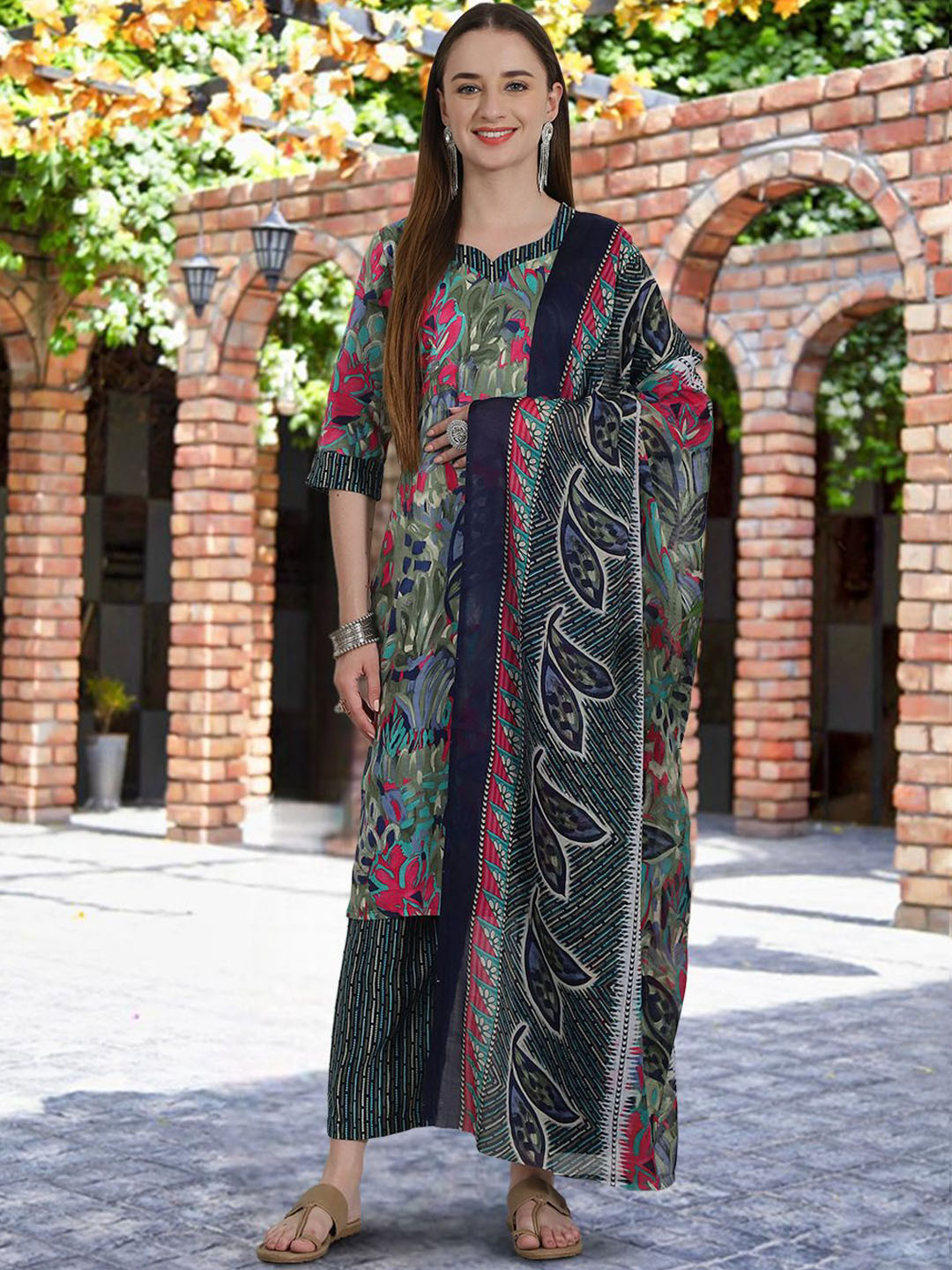 

7Threads Floral Printed Pure Cotton Straight Kurta with Trousers & Dupatta, Blue