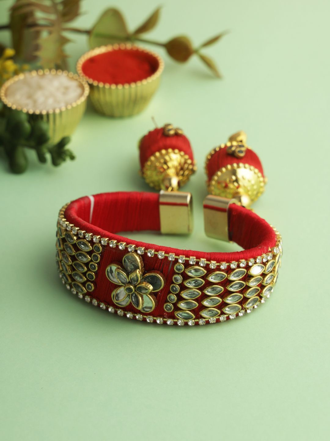 

Anouk Kundan Studded Bangle Rakhi With Roli Chawal & Greetings Card, Gold