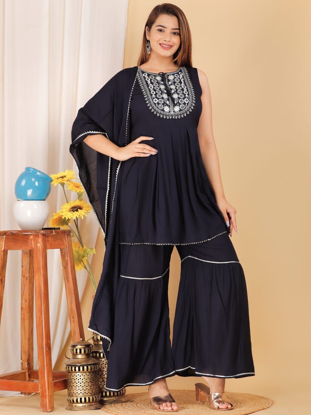 

SHOOLIN Floral Yoke Design Tie-Up Neck Gotta Patti A-Line Kurta with Sharara & Dupatta, Blue