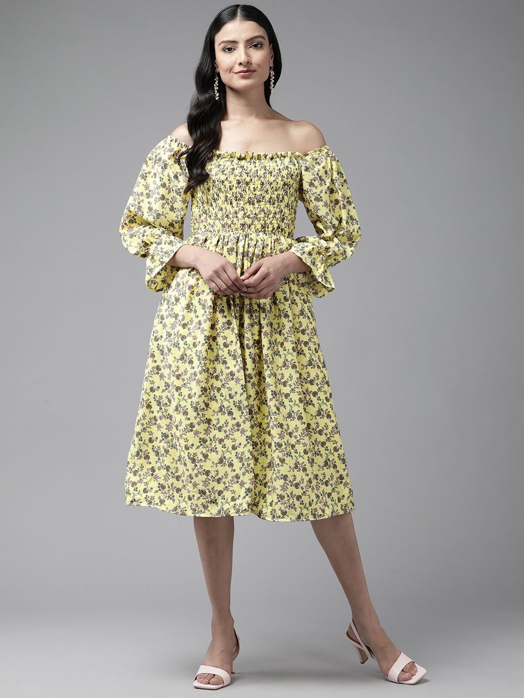 

BAESD Floral Printed Off-Shoulder Puff Sleeve Georgette Smocked Fit & Flare Dress, Yellow