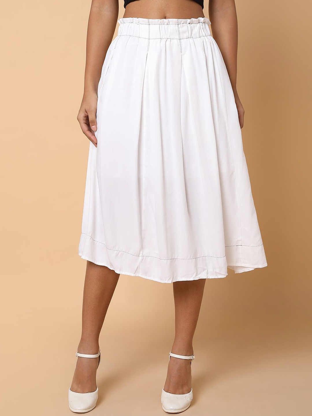 

SHOWOFF Women Monochrome Flared Midi Skirt, White