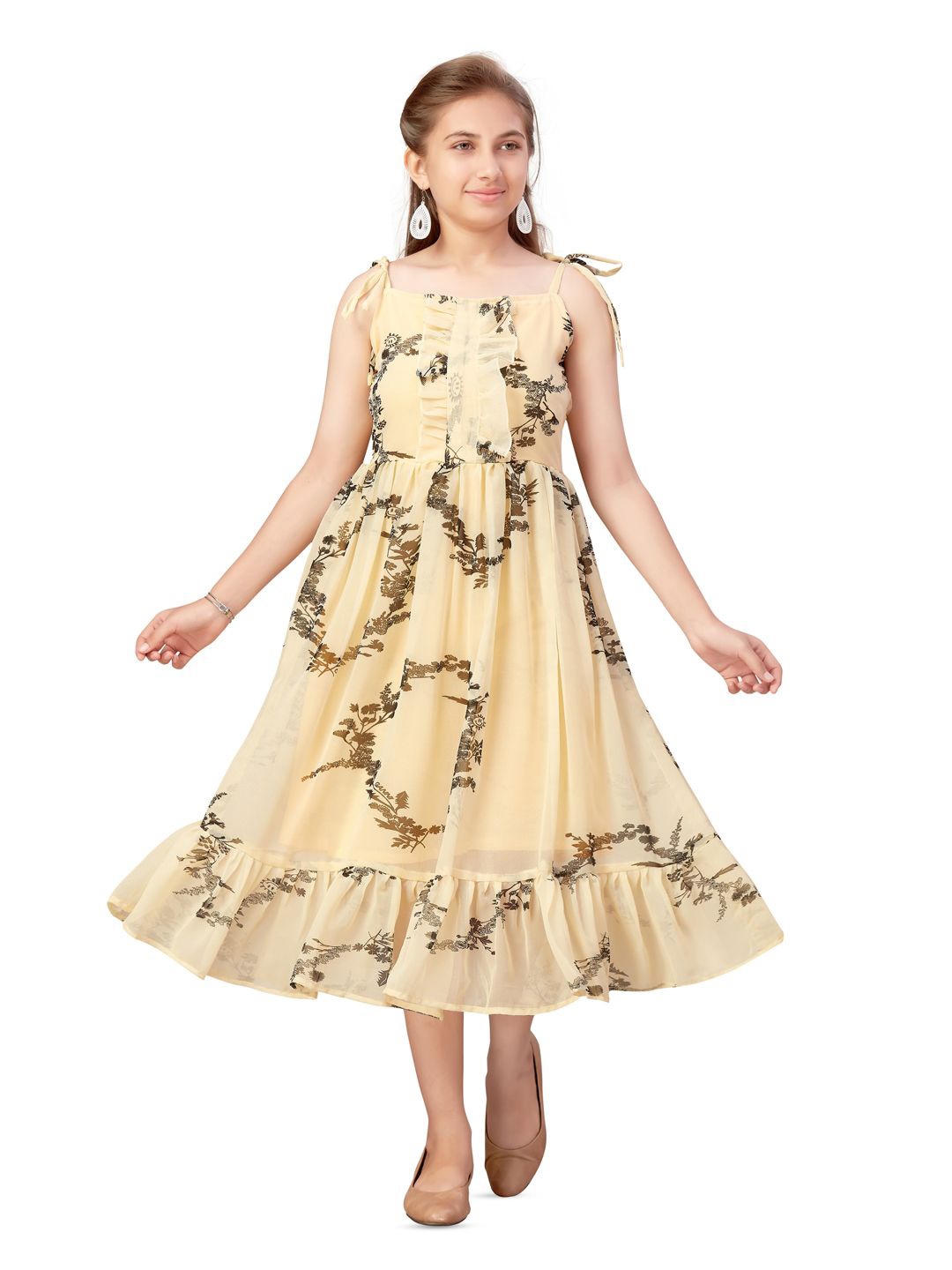 

BAESD Girls Floral Printed Georgette Fit & Flare Midi Ruffles Dress, Beige