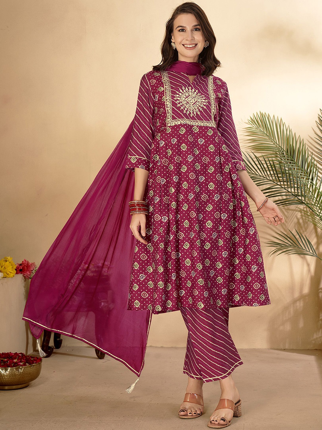 

Anouk Pink Ethnic Motifs Printed Mirror Work Chanderi Silk Kurta with Trousers & Dupatta