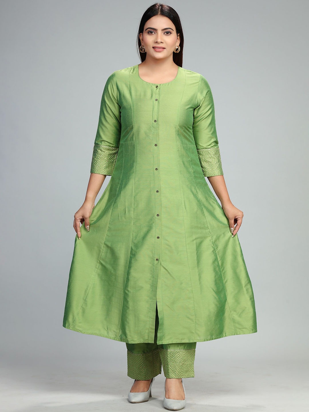 

COTTON CULTURE Cotton Silk A-Line Kurta With Trouser, Green