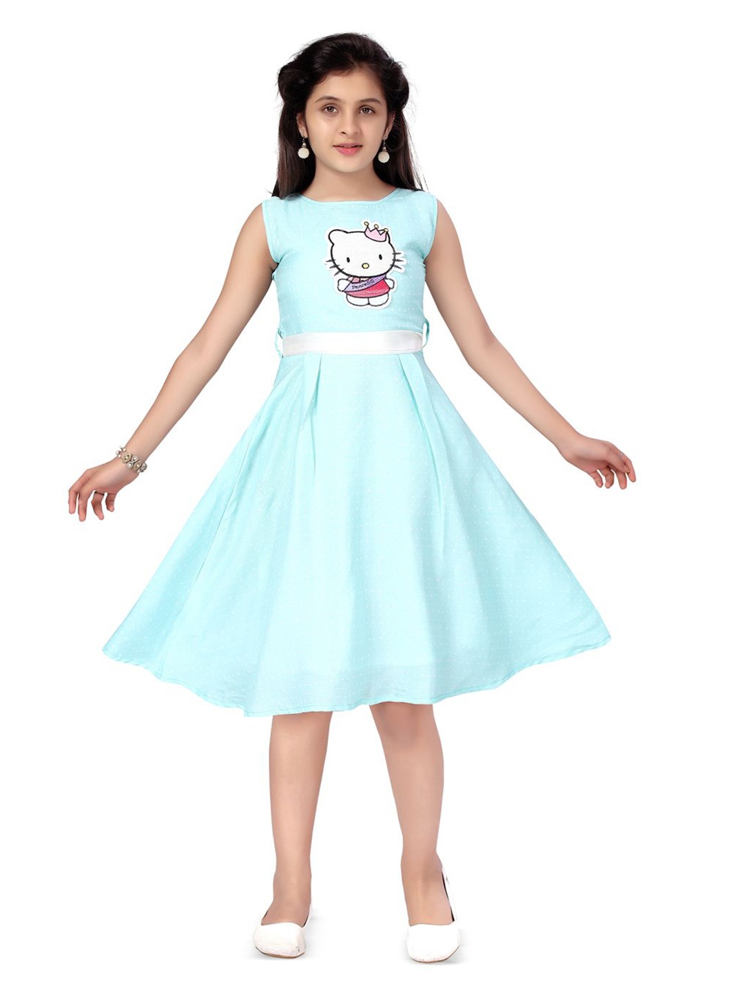 

BAESD Girls Printed Round Neck Sleeveless Fit & Flare Dress, Turquoise blue
