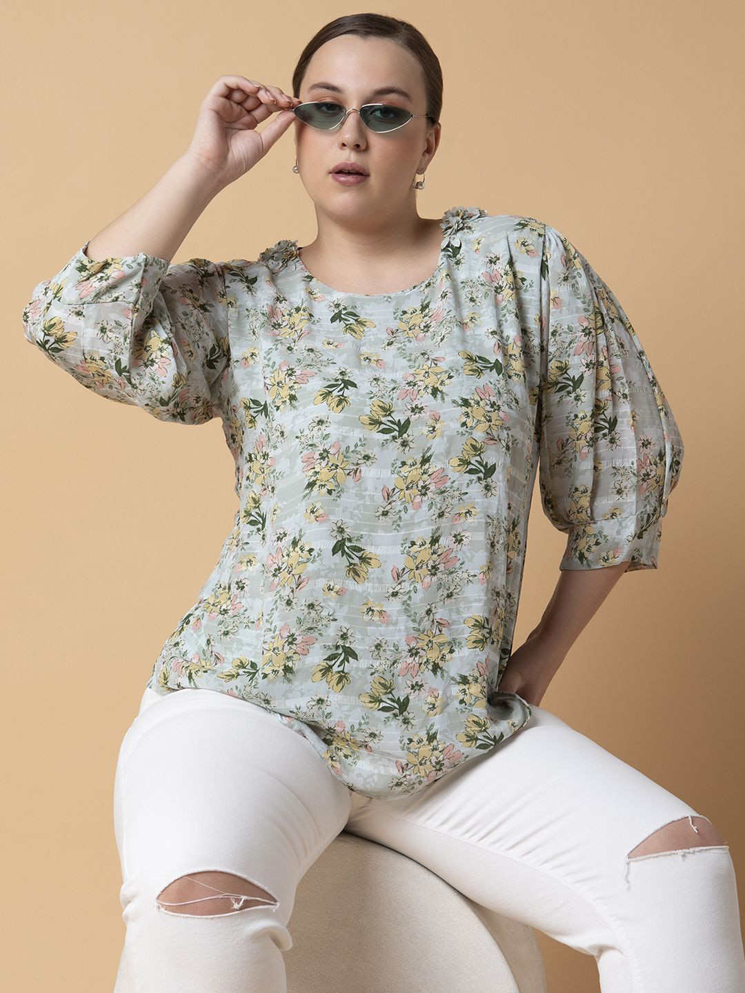 

SHOWOFF Floral Print Puff Sleeve Georgette Top, Sea green