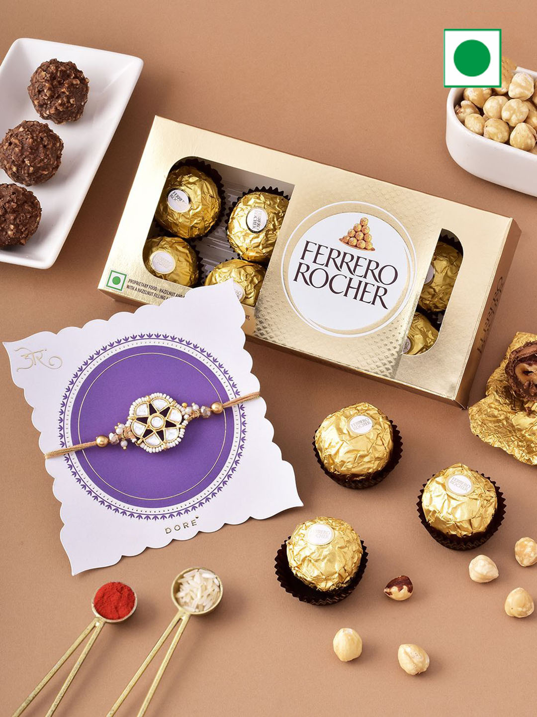 

Hyperfoods Set Of 2 Beaded & Charm Rakhis With Ferrero Rocher Chocolates, Gold