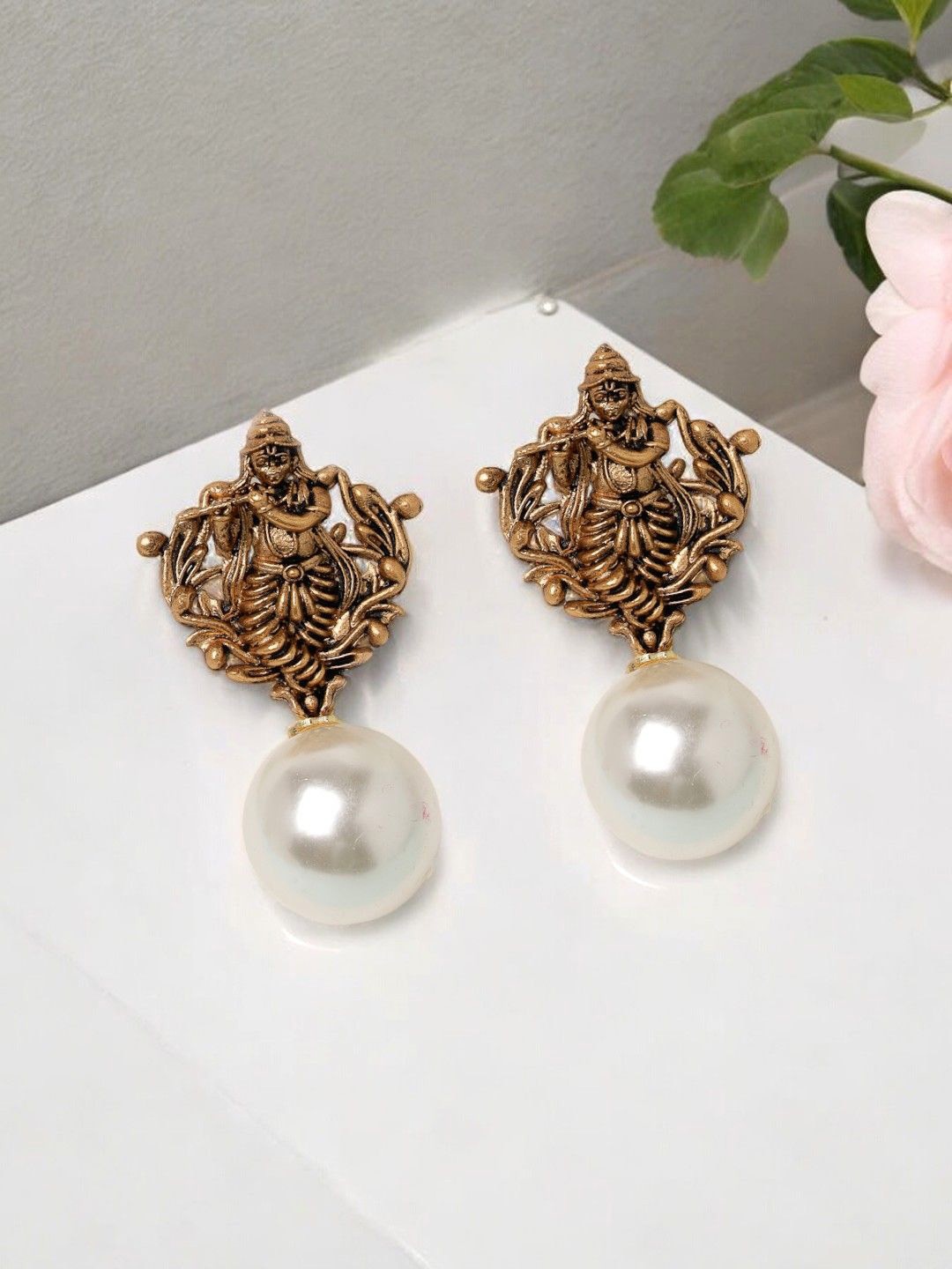 

ADIVA Gold-Plated Pearl Beaded Classic Shri Krishna Antique Drop Earrings