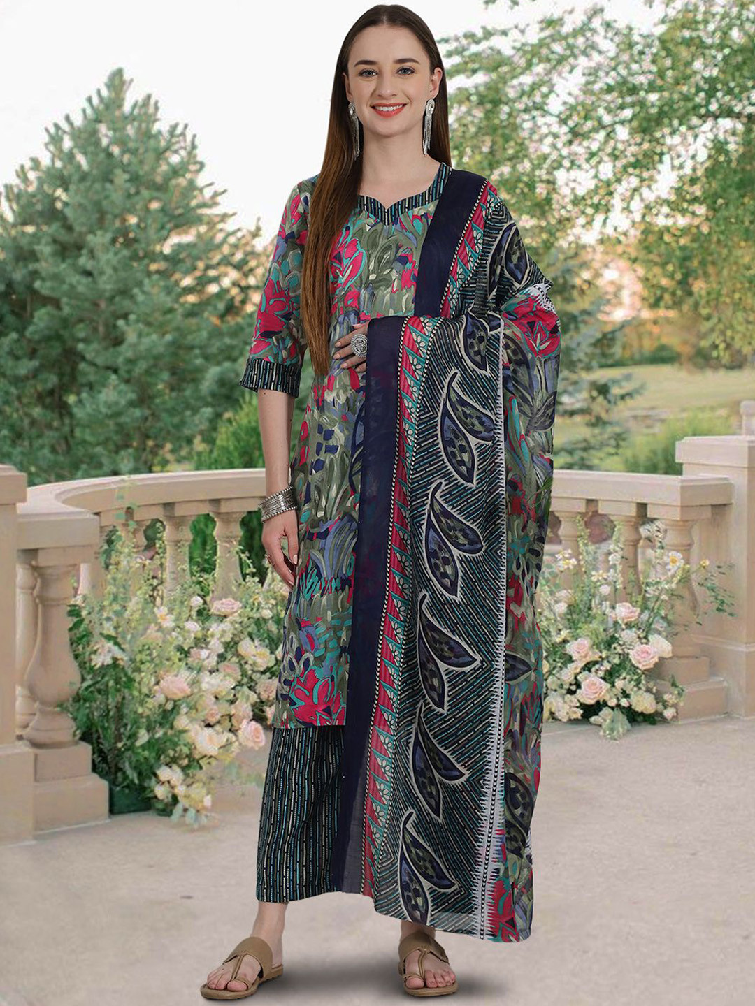 

7Threads Floral Printed Regular Pure Cotton Straight Kurta With Trousers & Dupatta, Blue