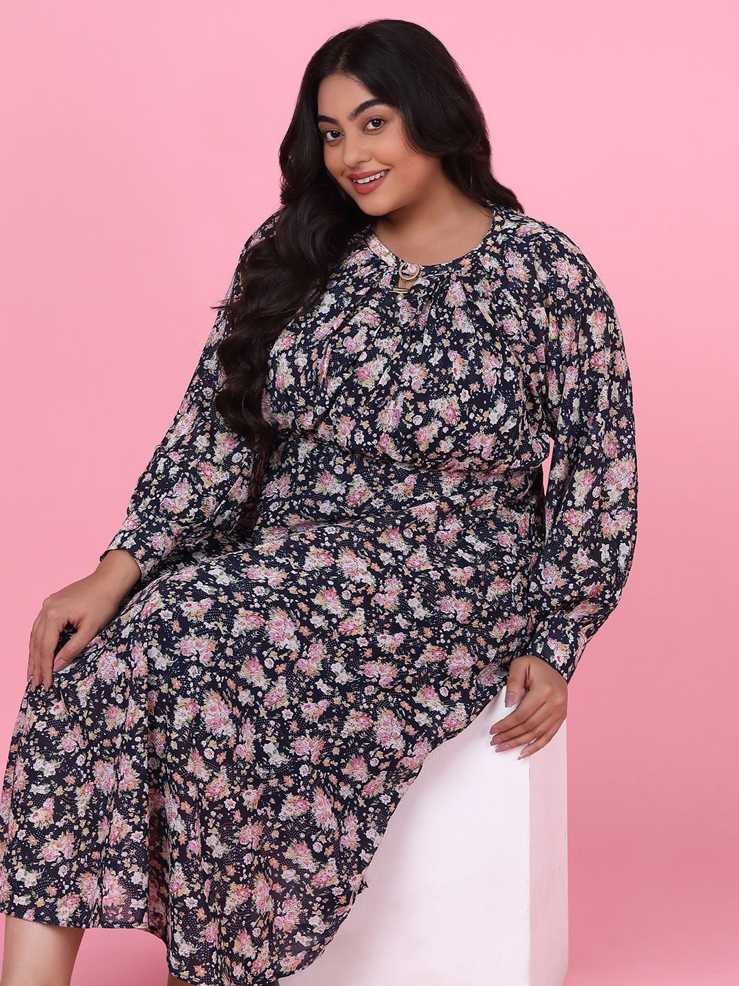 

SHOWOFF Floral Printed Georgette Fit & Flare Dress, Navy blue