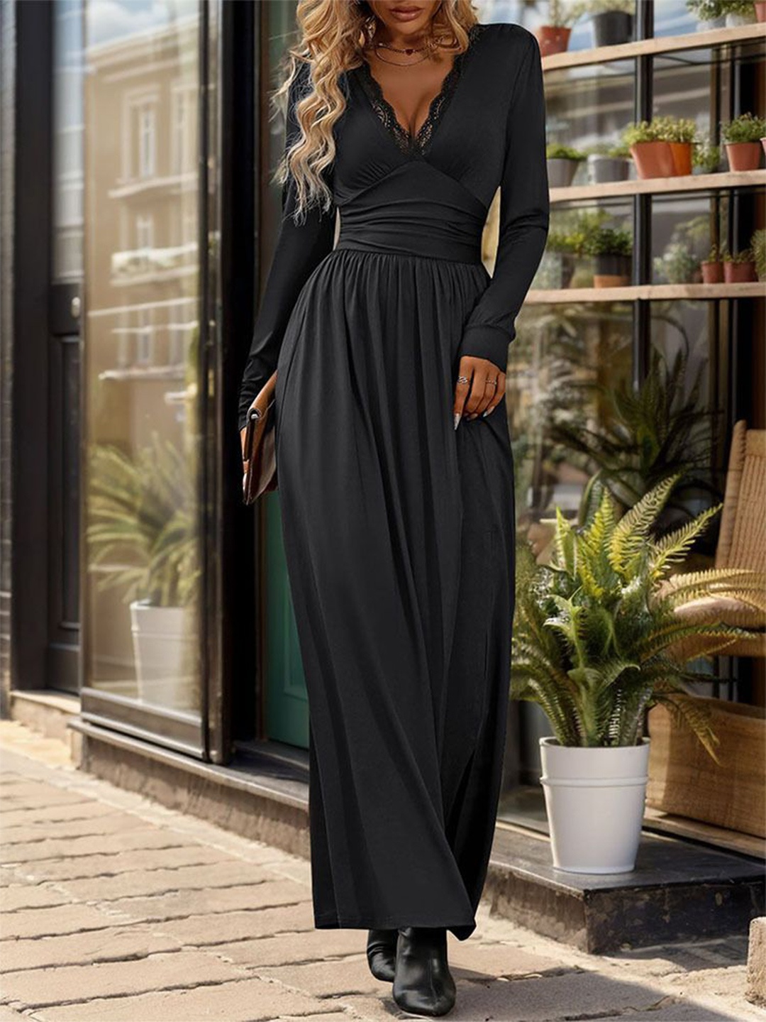 

StyleCast Lace Plunge Neck Maxi Dress, Black