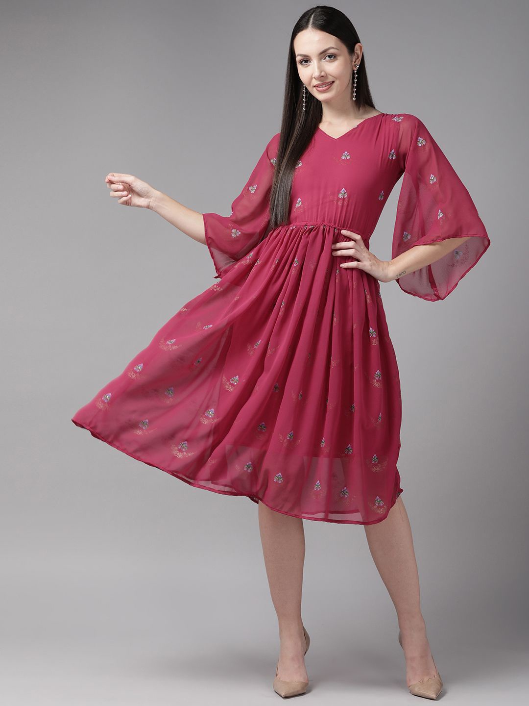 

BAESD Ethnic Motifs Printed Flared Sleeve Georgette A-Line Midi Dress, Pink