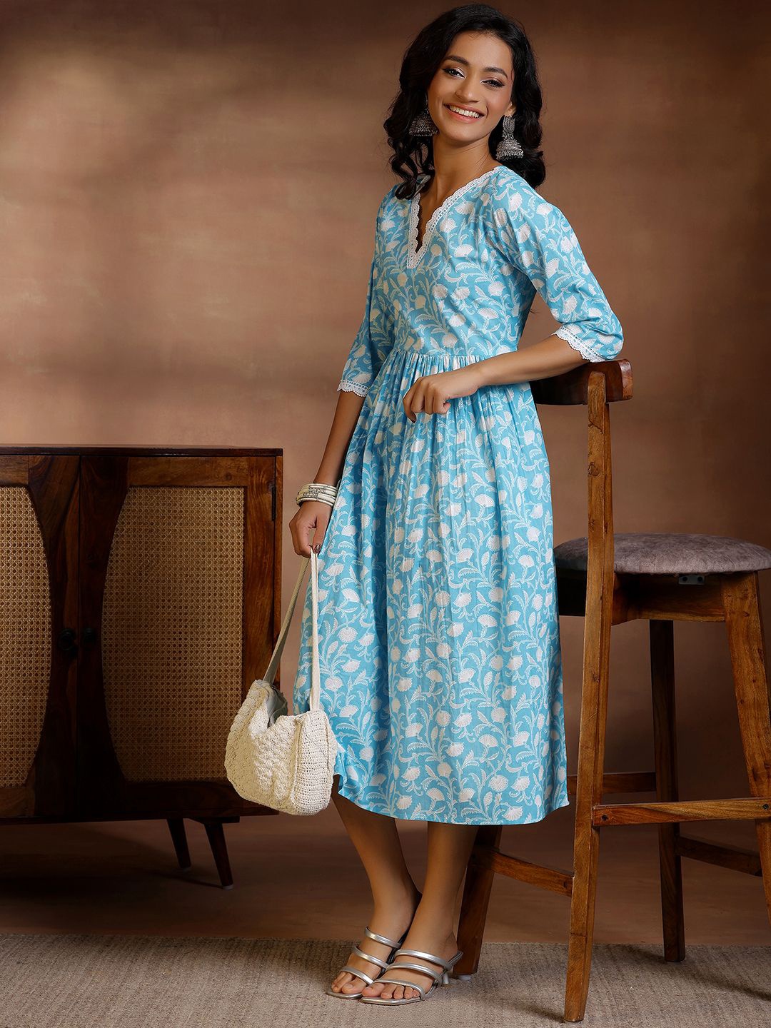 

Libas Floral Printed Cotton Fit and Flare Midi Dress, Blue