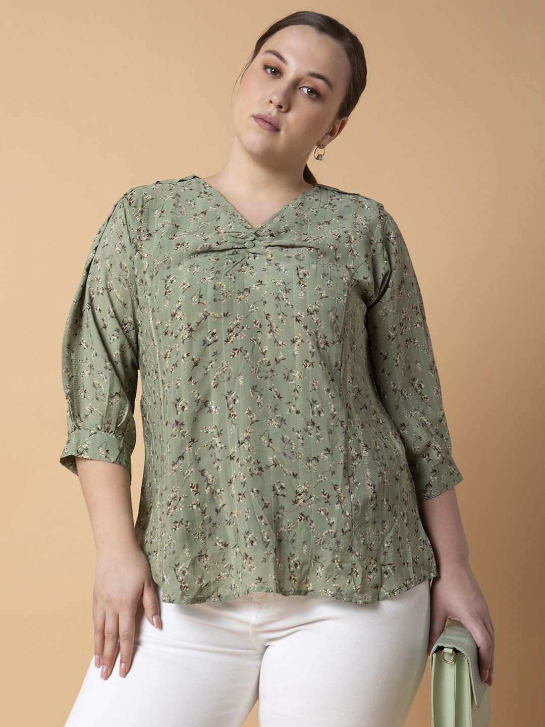 

SHOWOFF Floral Print Roll-Up Sleeves Georgette Top, Green