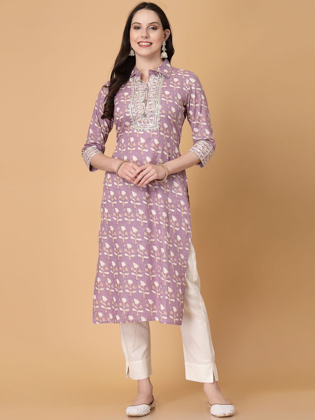 

God Bless Floral Printed Shirt Collar Thread Work Pure Cotton Straight Kurta, Pink
