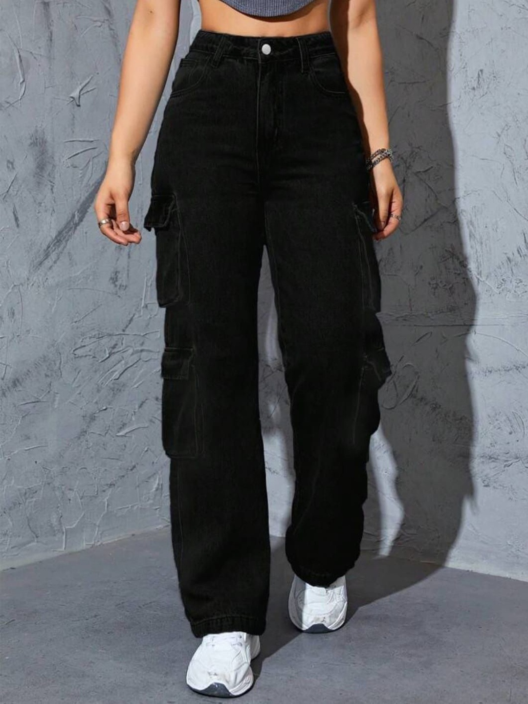 

Next One Women Smart Wide Leg High- Rise Stretchable Cargo Jeans, Black