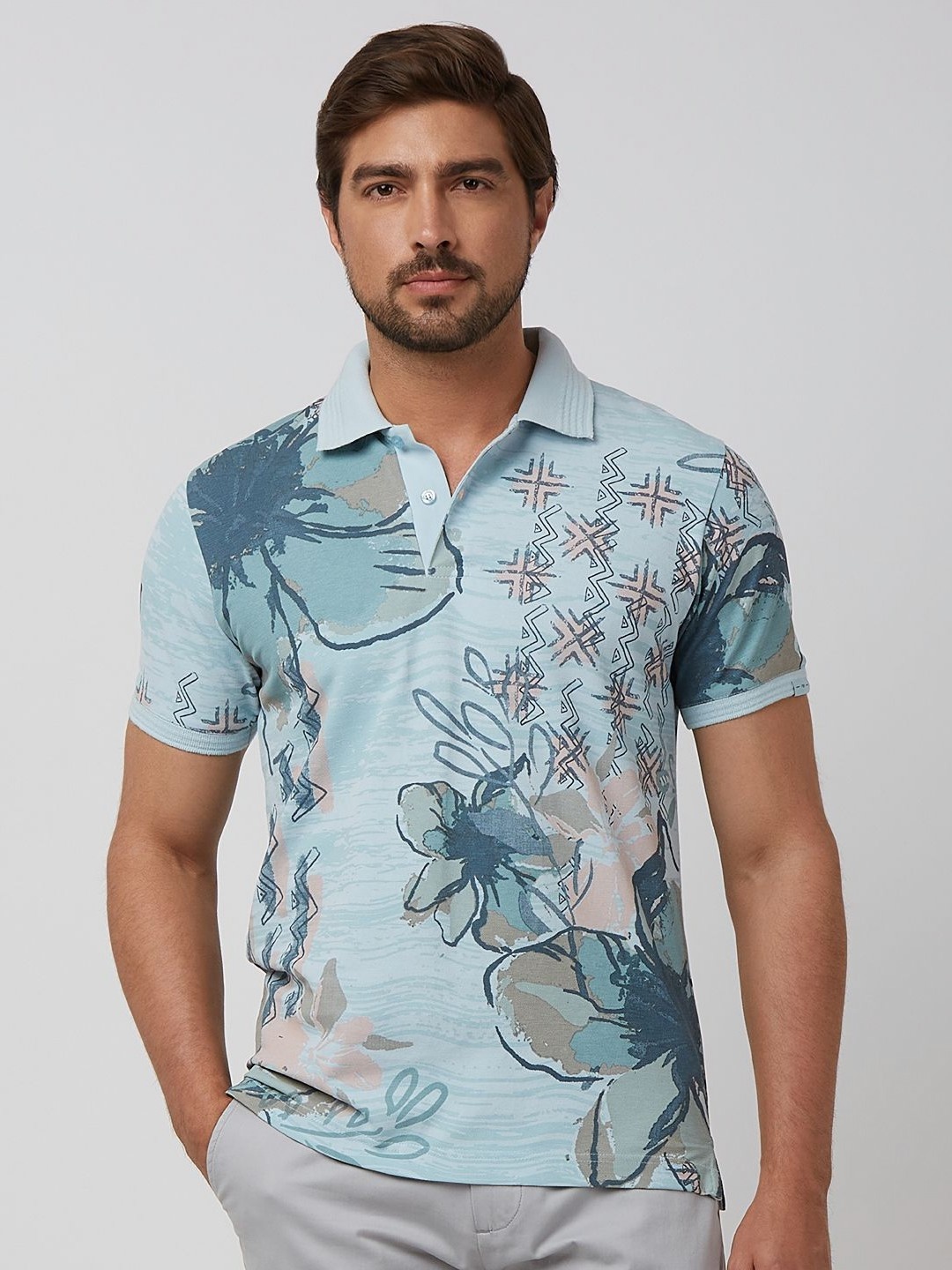 

Mufti Men Floral Printed Polo Collar Tropical Pockets Slim Fit T-shirt, Blue