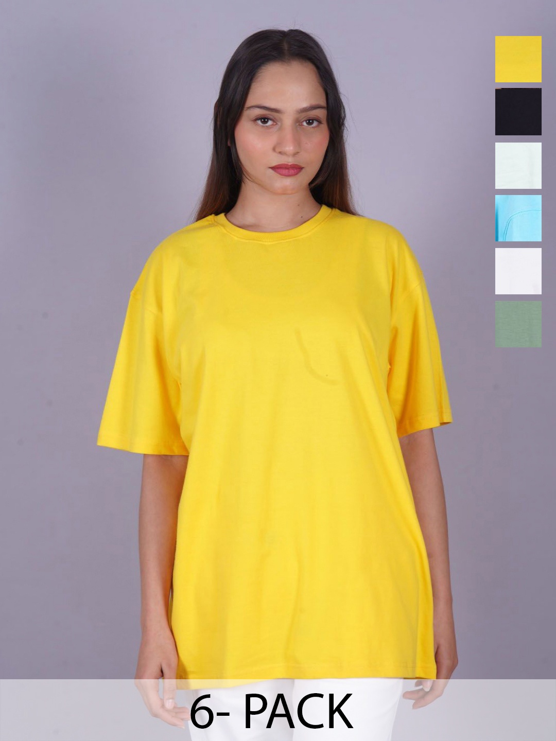 

VYVE Women Pack Of 6 Round Neck Solid T-shirts, Yellow