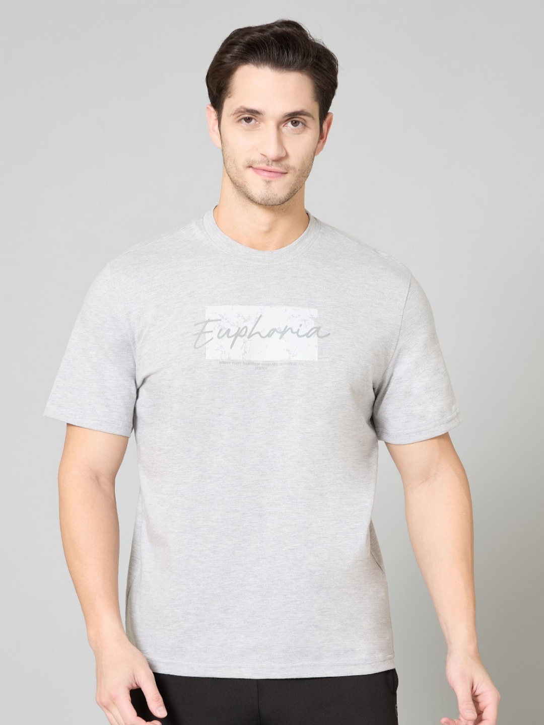 

TURNFIT Men Antimicrobial Typography Printed Round Neck Cotton T-Shirt, Grey melange