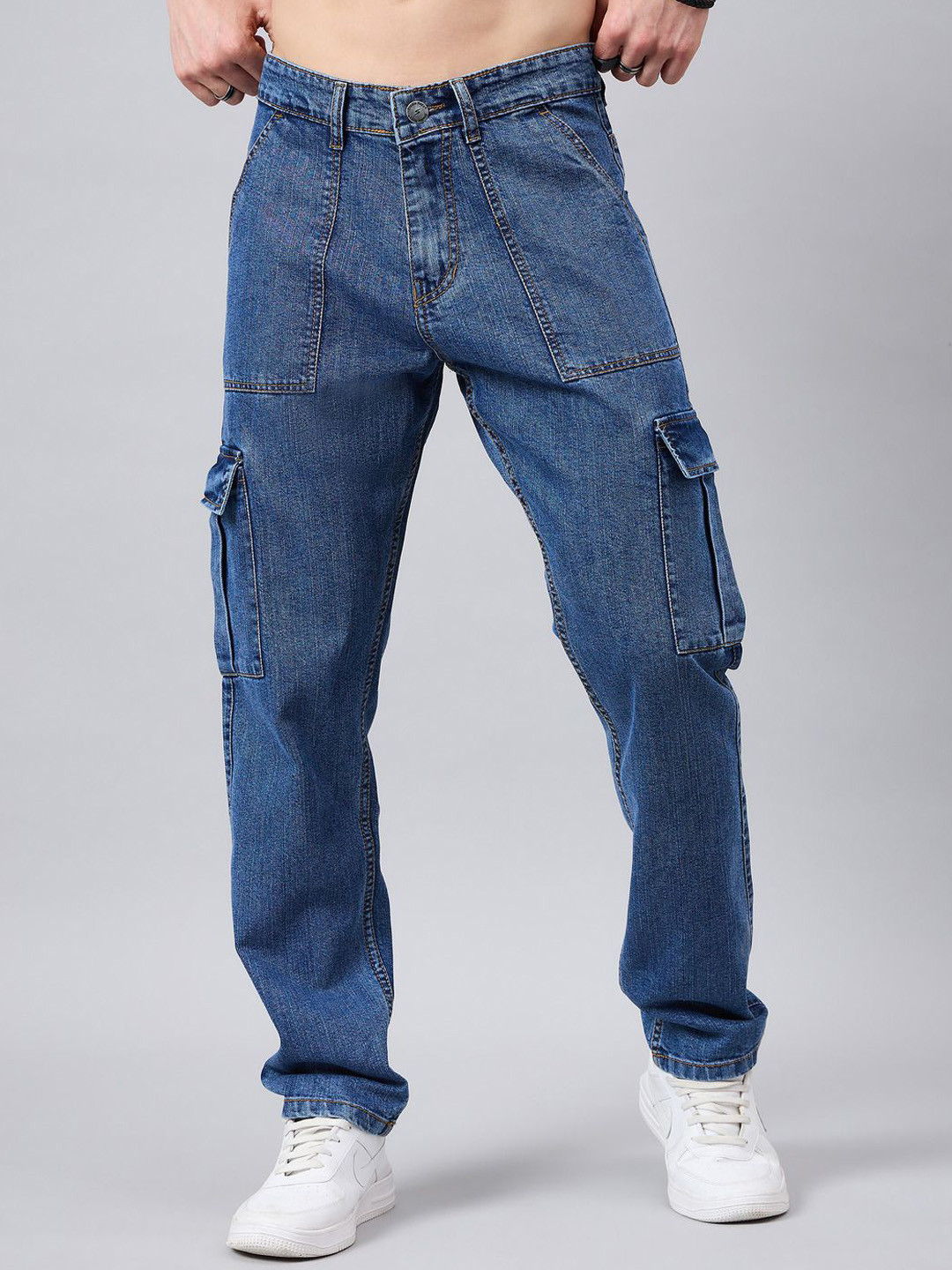 

STUDIO NEXX Men Relaxed Fit Low-Rise Cargo Jeans, Blue