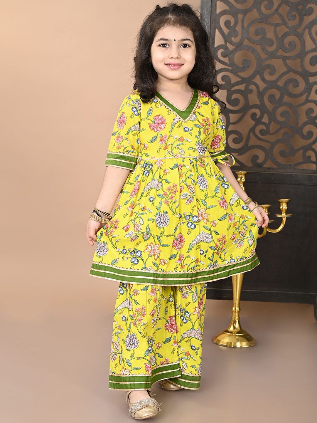 

Superminis Girls Floral Printed Regular Gotta Patti Pure Cotton A-Line Kurti with Sharara, Yellow