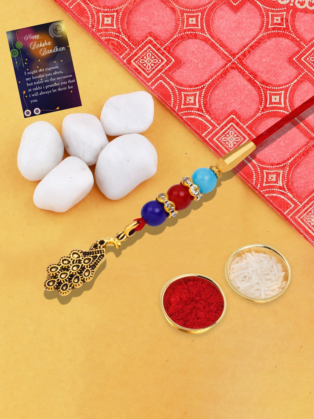 

Silver Shine Beaded Lumba Rakhi With Roli Chawal & Greeting Card, Red
