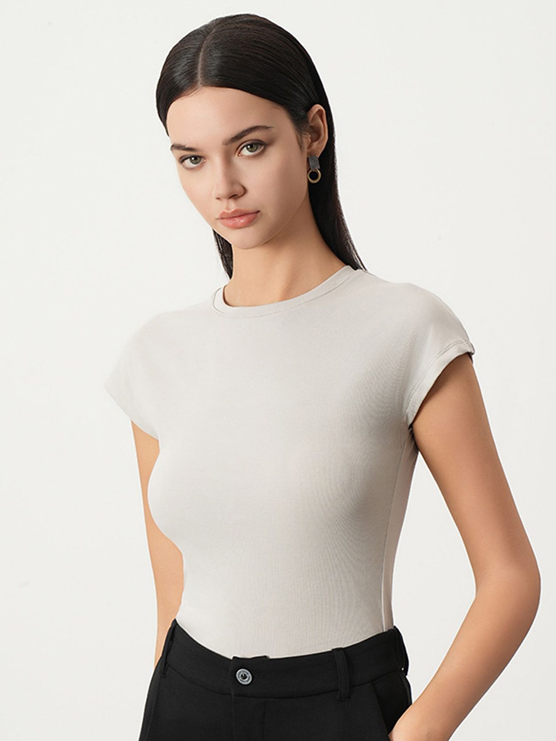 

LULU & SKY Women Solid Cotton Cap Sleeve Fitted Top, Grey