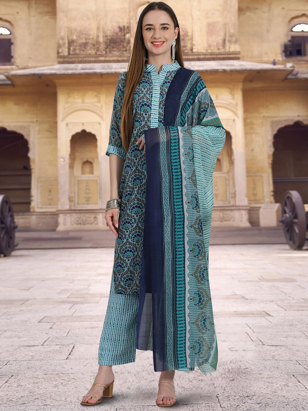 

7Threads Ethnic Motifs Printed Mandarin Collar Pure Cotton Kurta Trousers & Dupatta, Teal