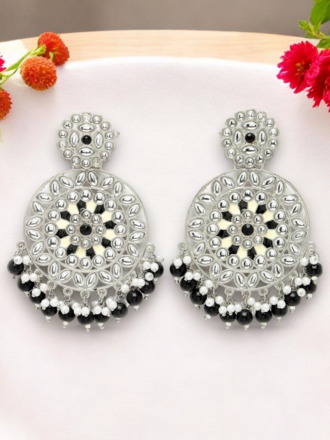 

ADIVA Silver-Plated Kundan Studded & Pearls Beaded Oxidised Circular Drop Earrings