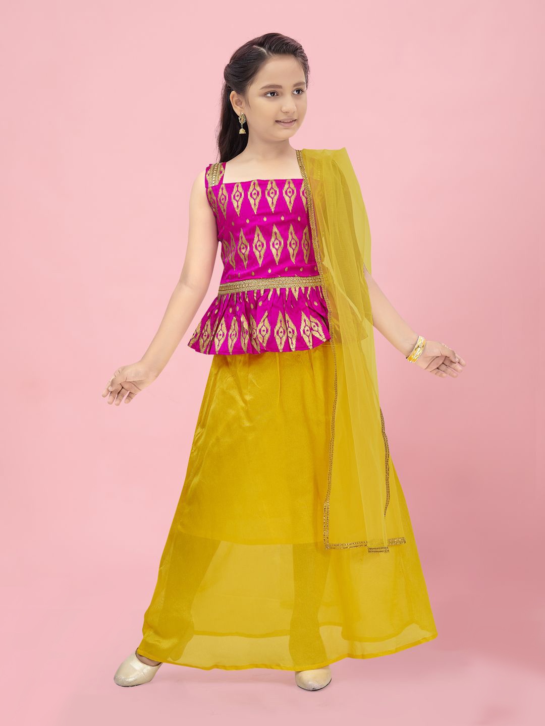 

BAESD Girls Woven Design Square Neck Zari Ready to Wear Lehenga & Blouse With Dupatta, Pink