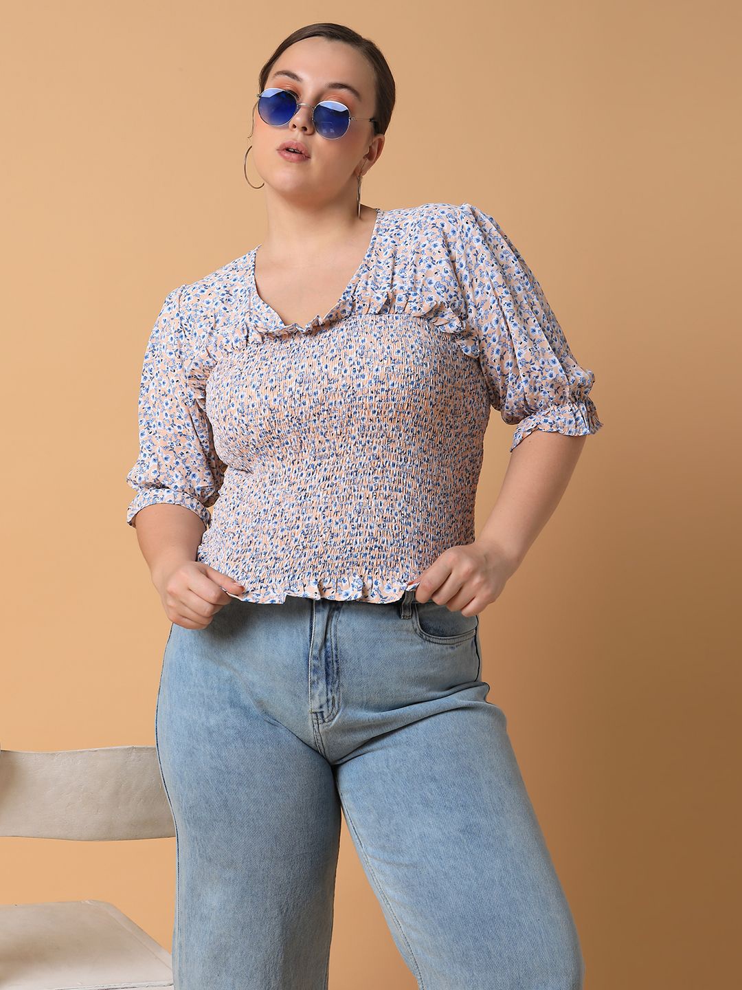 

SHOWOFF Floral Print Puff Sleeve Crepe Top, Blue