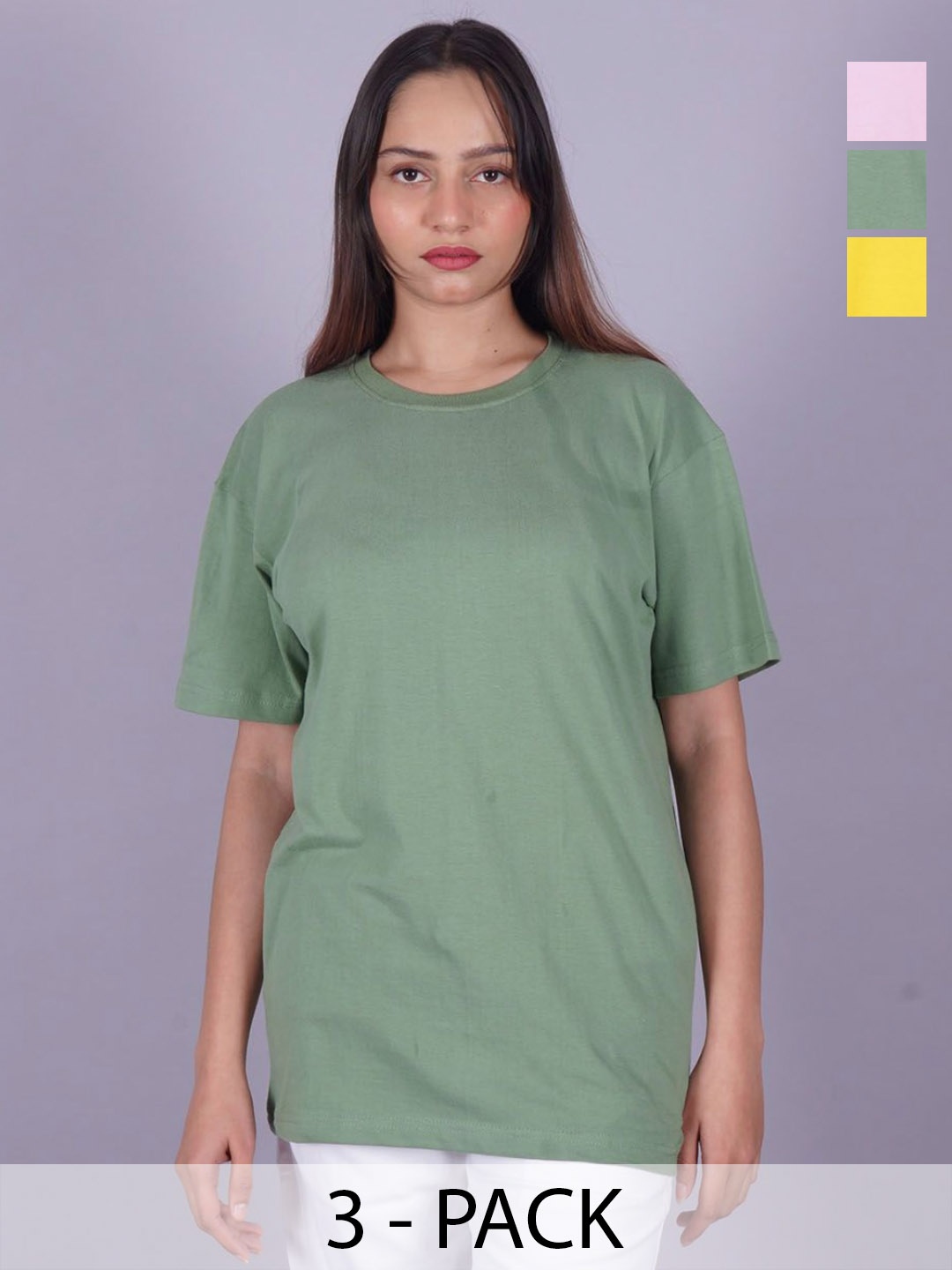 

VYVE Women Pack Of 3 Round Neck Solid T-shirts, Green