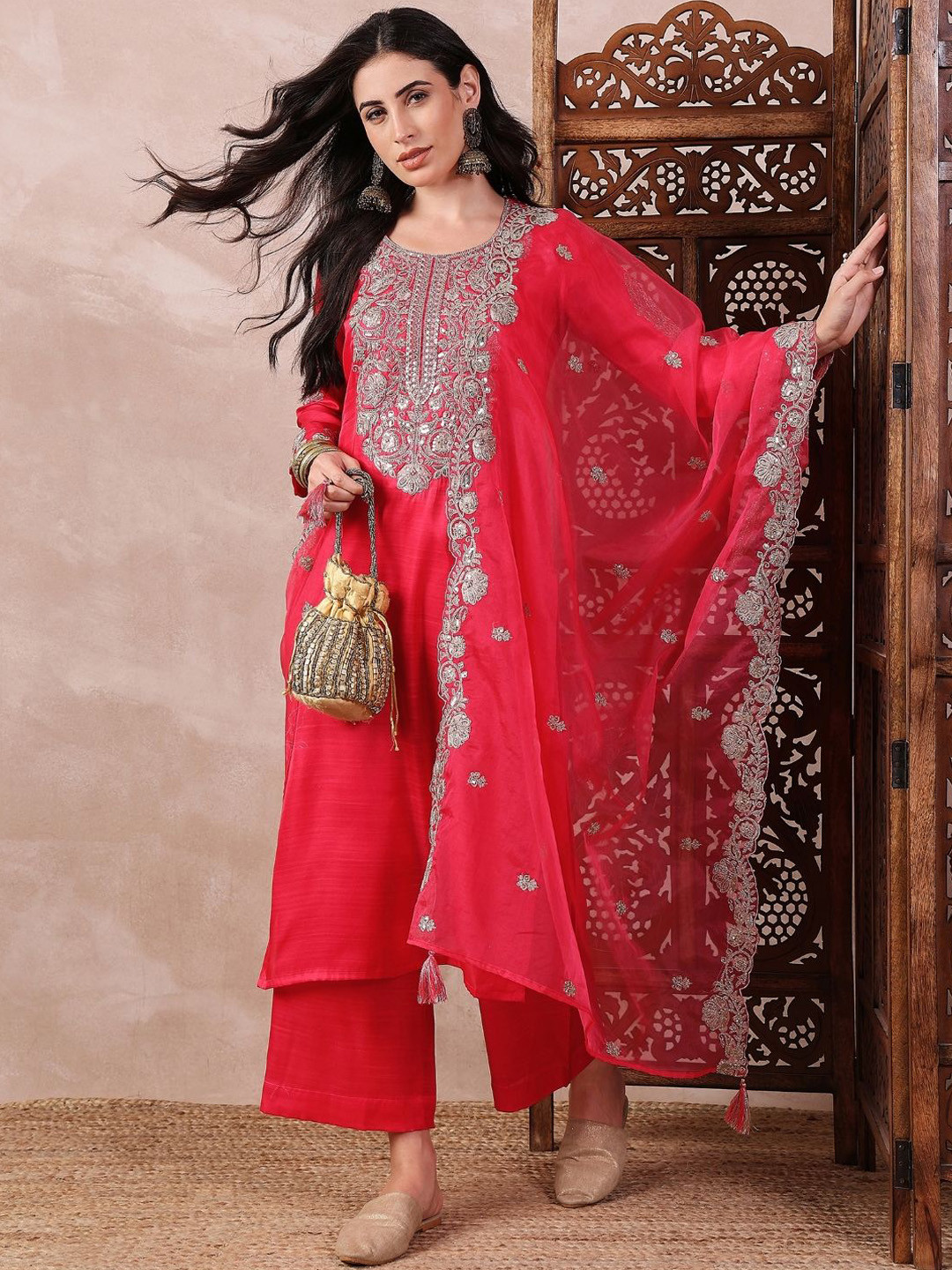 

AHIKA Floral Embroidered Sequinned Straight Kurta With Palazzos & Dupatta, Pink